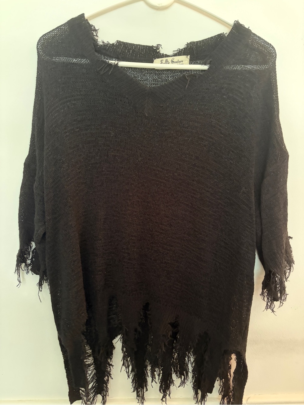Black Distressed V-Neck Knit Sweater
